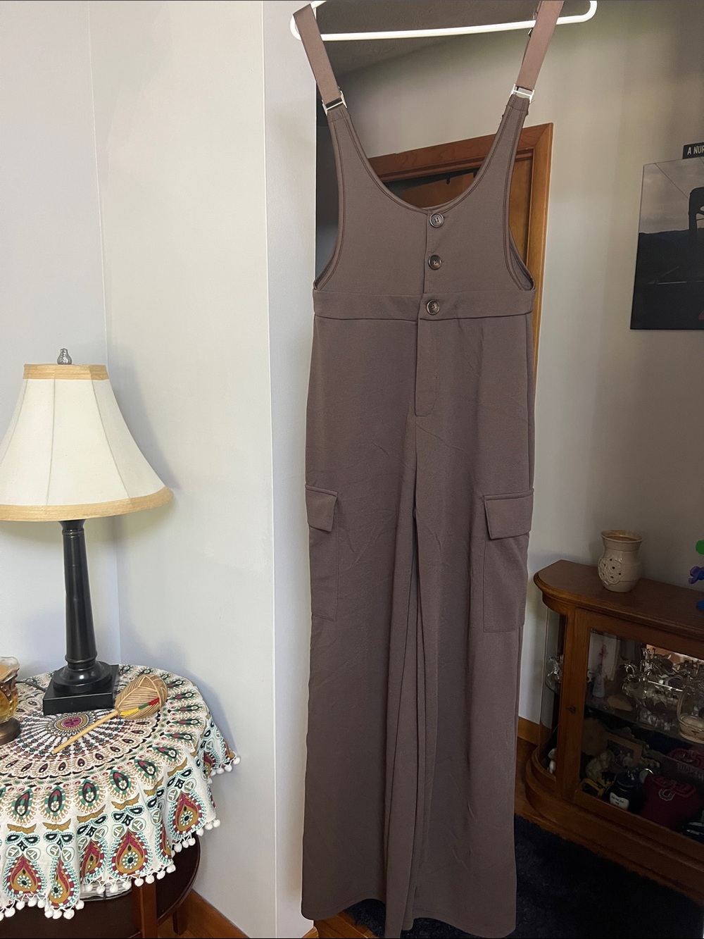 Brown Wide-Leg Cargo Overall Jumpsuit